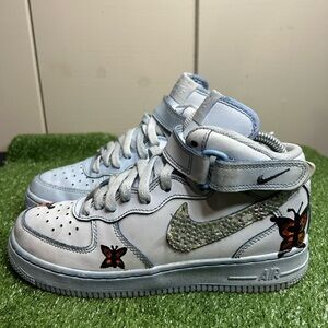 Size 5.5Y / 7W- Nike Air Force 1 Mid bedazzled blue butterfly custom 1/1